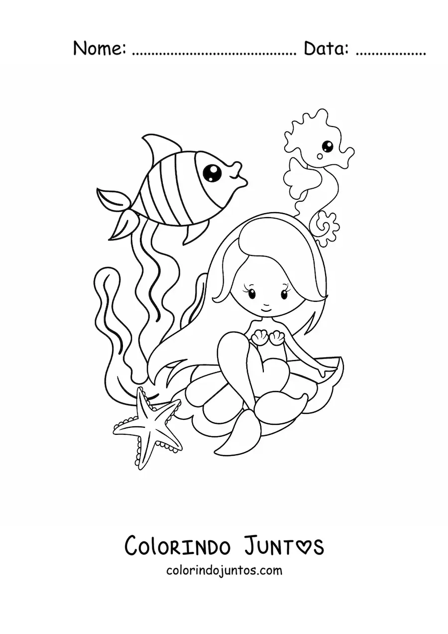 Desenho para colorir de sereia kawaii sentada em uma concha do mar com peixes