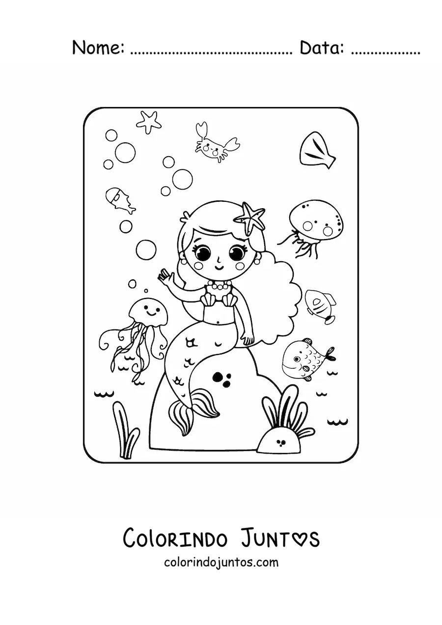 Desenho para colorir de sereia kawaii sentada em uma rocha com peixes
