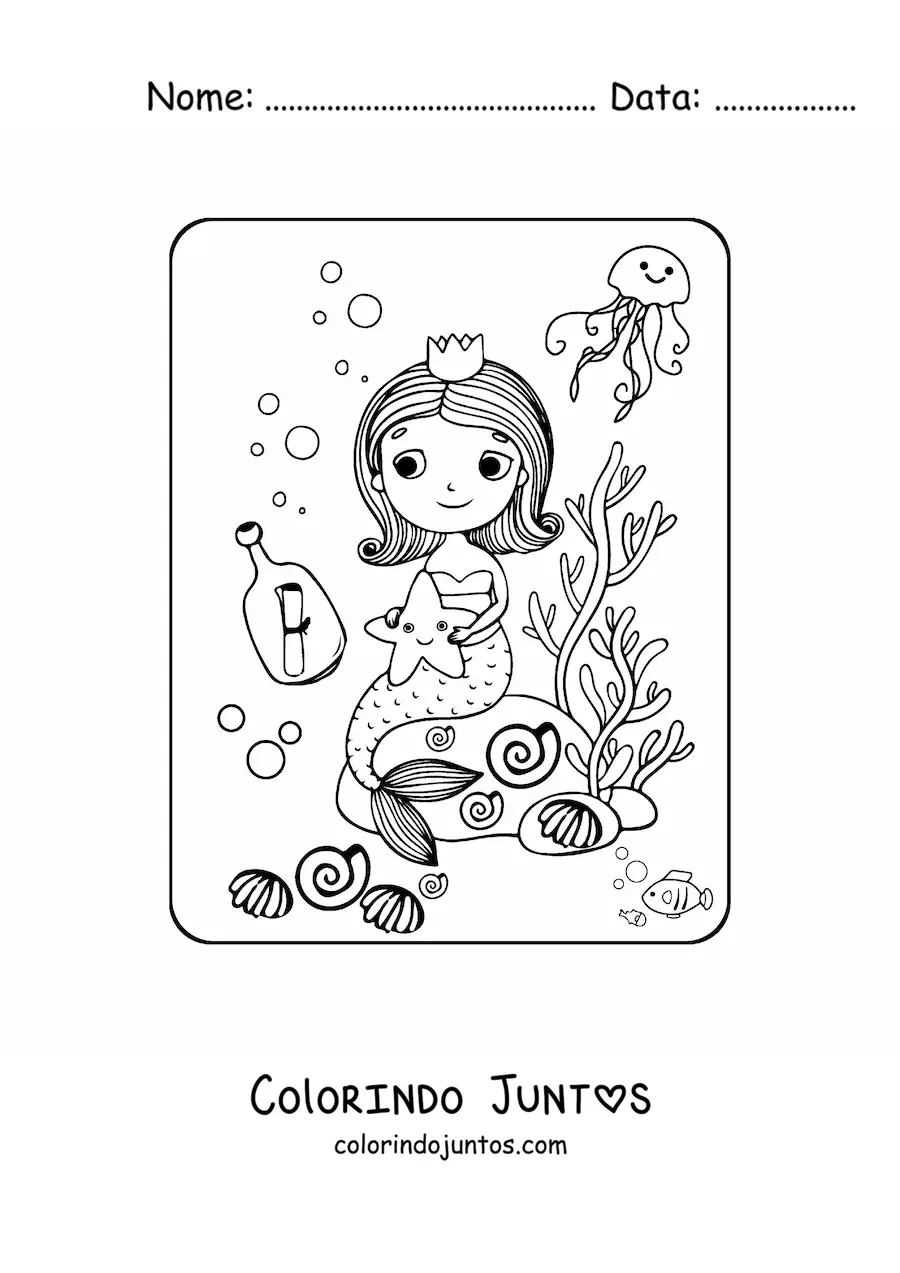 Desenho para colorir de princesa sereia kawaii sentada em uma rocha com peixes