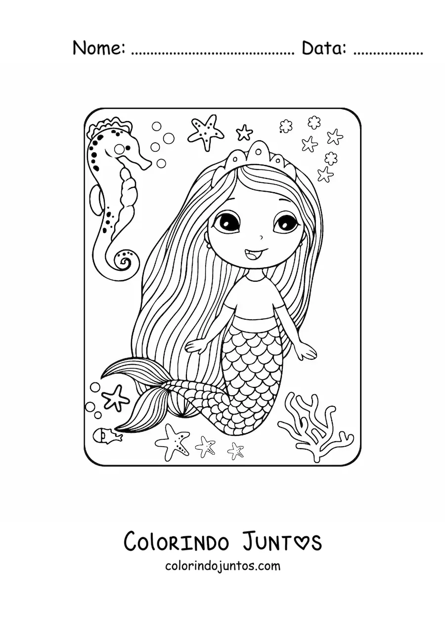Desenho para colorir de princesa sereia kawaii nadando com um cavalo-marinho