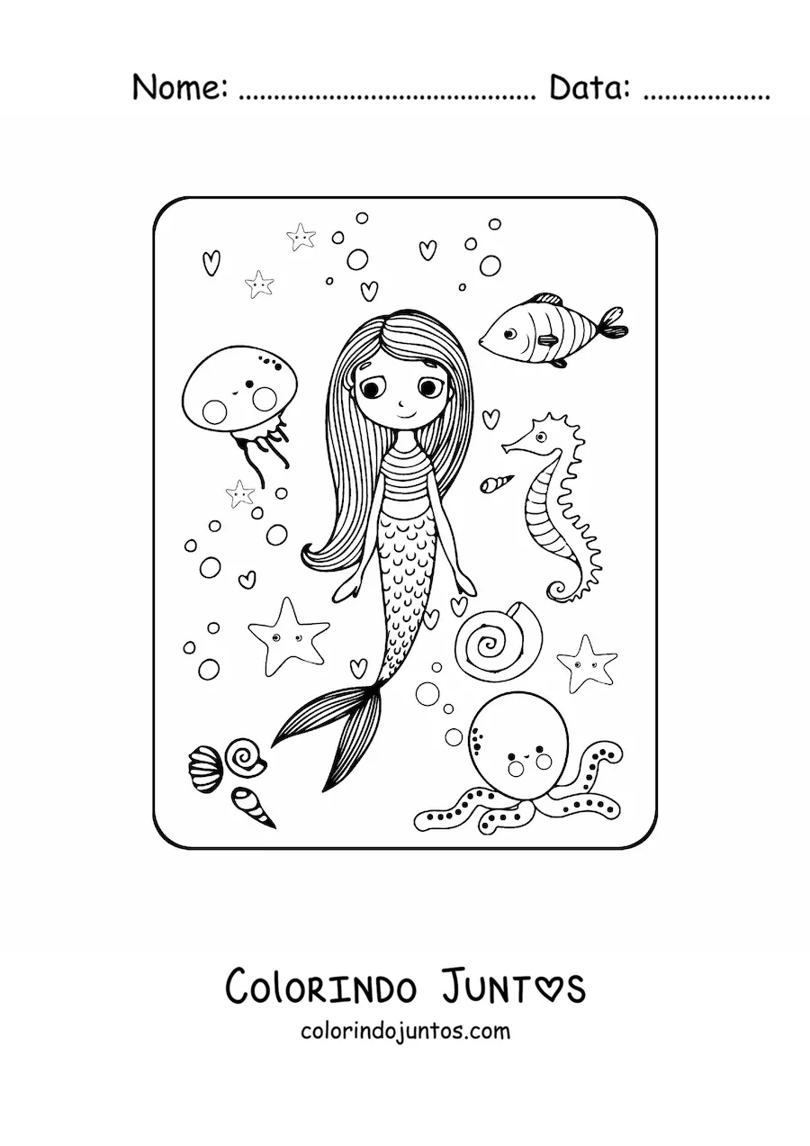 Desenho para colorir de sereia animada com peixes