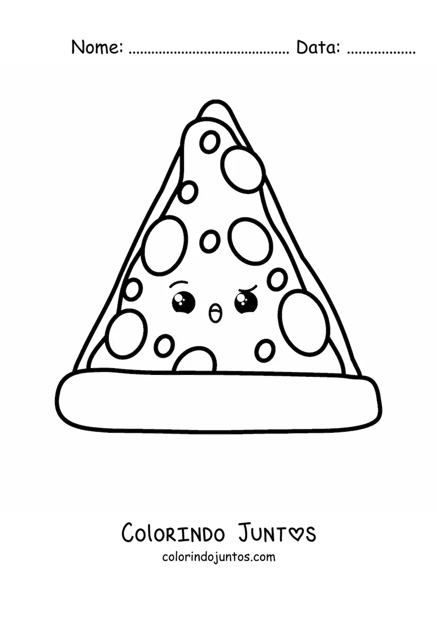 Desenho para colorir de uma fatia de pizza animada kawaii