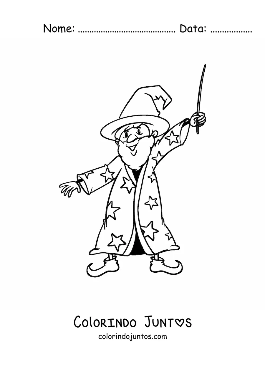 Desenho para colorir de mago com sua varinha