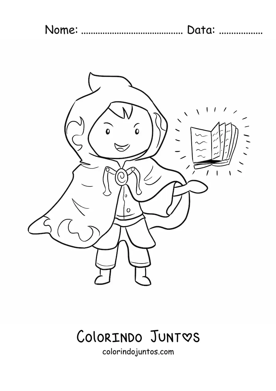 Desenho para colorir de feiticeiro com capa e livro de feiticos