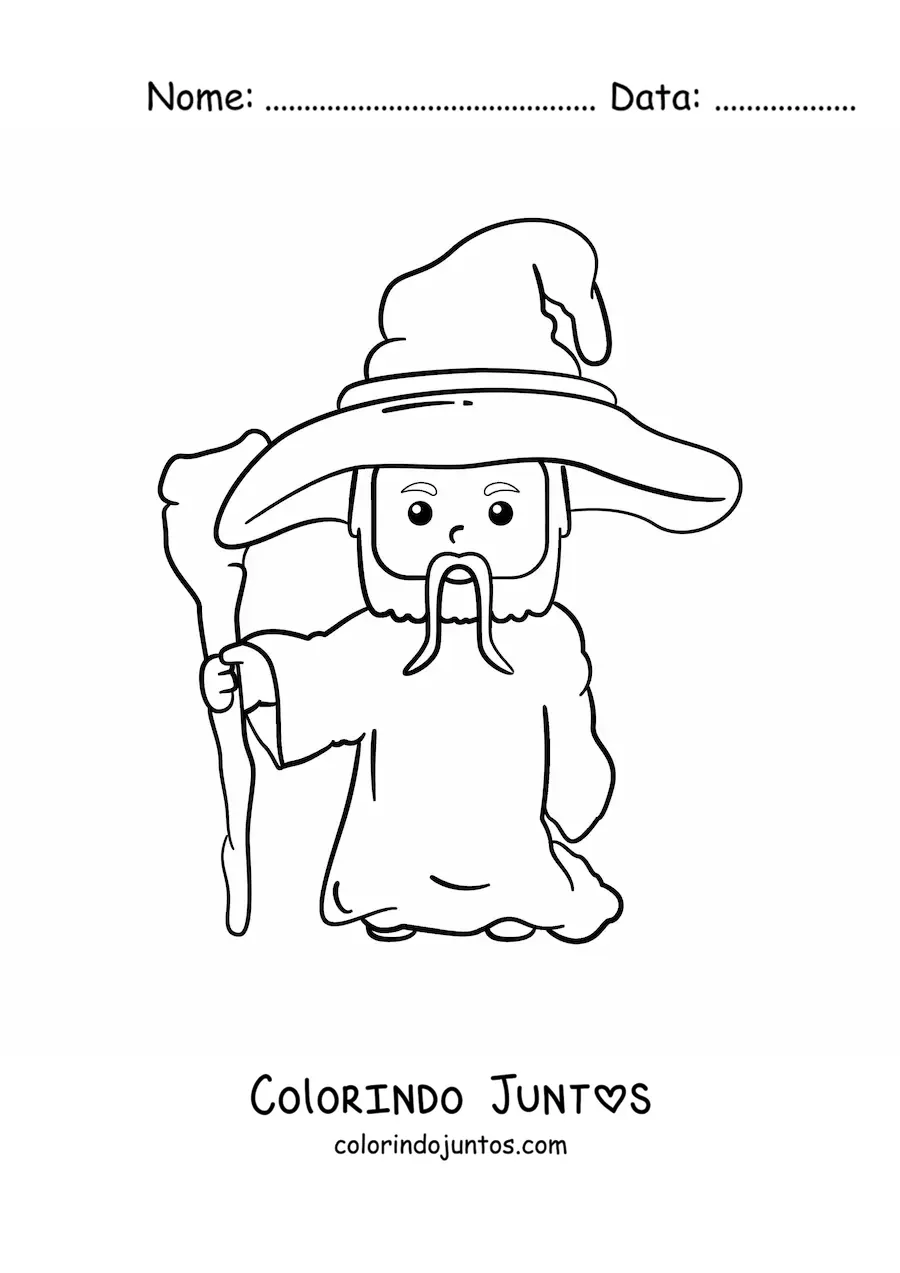 Desenho para colorir de feiticeiro kawaii com cajado