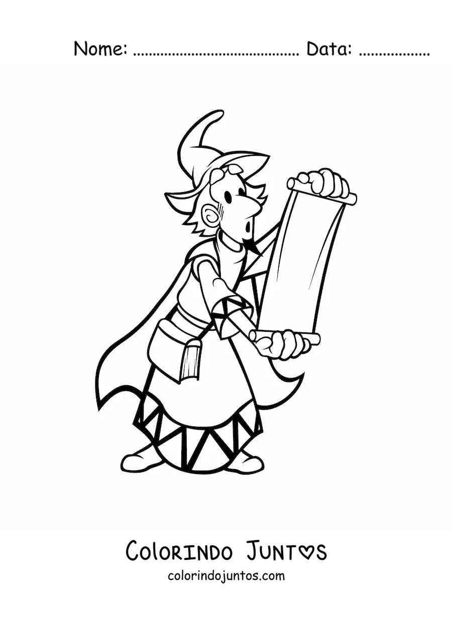 Desenho para colorir de feiticeiro animado lendo um pergaminho