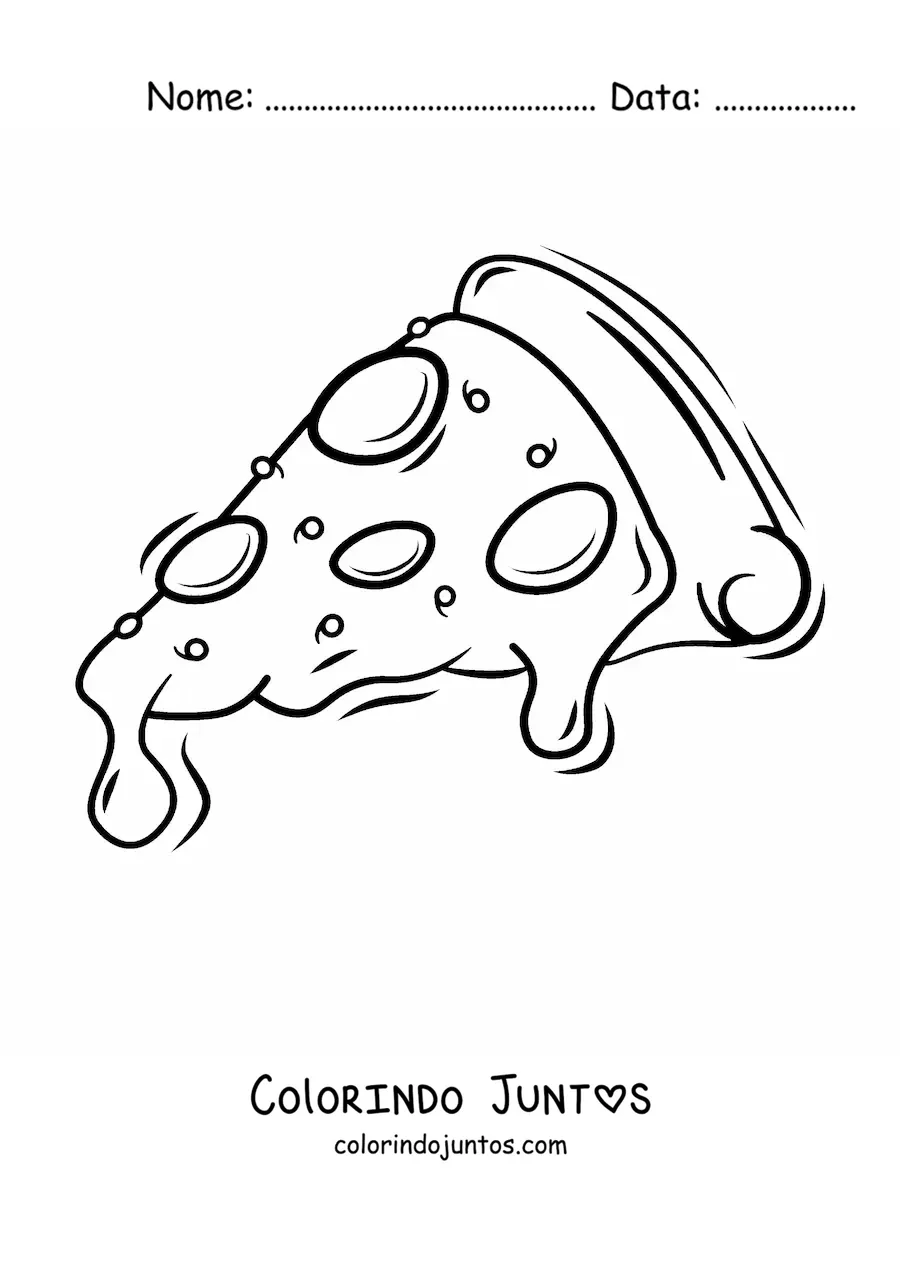 Desenho para colorir de uma fatia de pizza com salame
