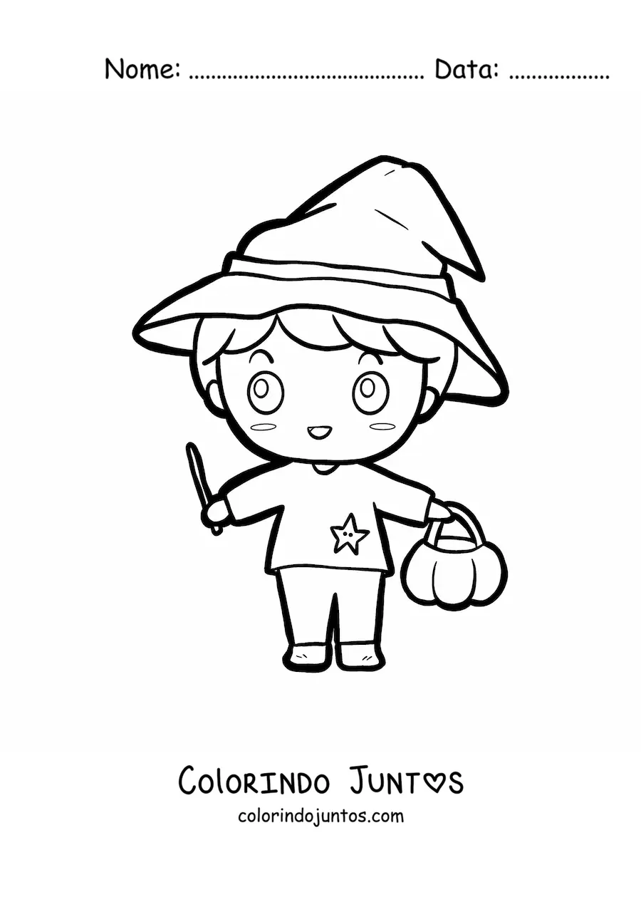 Desenho para colorir de menino kawaii fantasiado de feiticeiro no Halloween