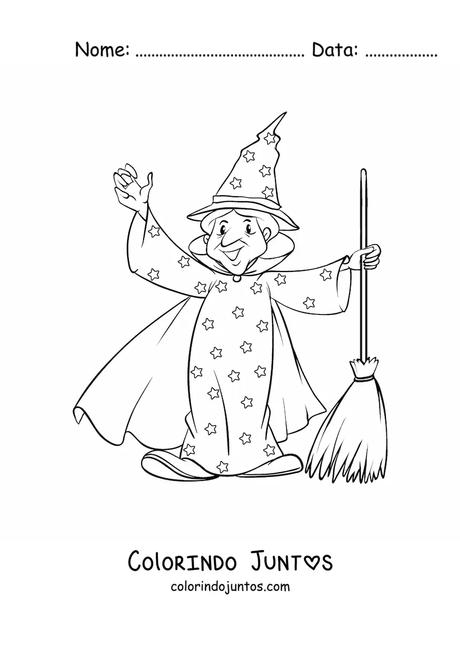 Desenho para colorir de feiticeiro com capa e vassoura