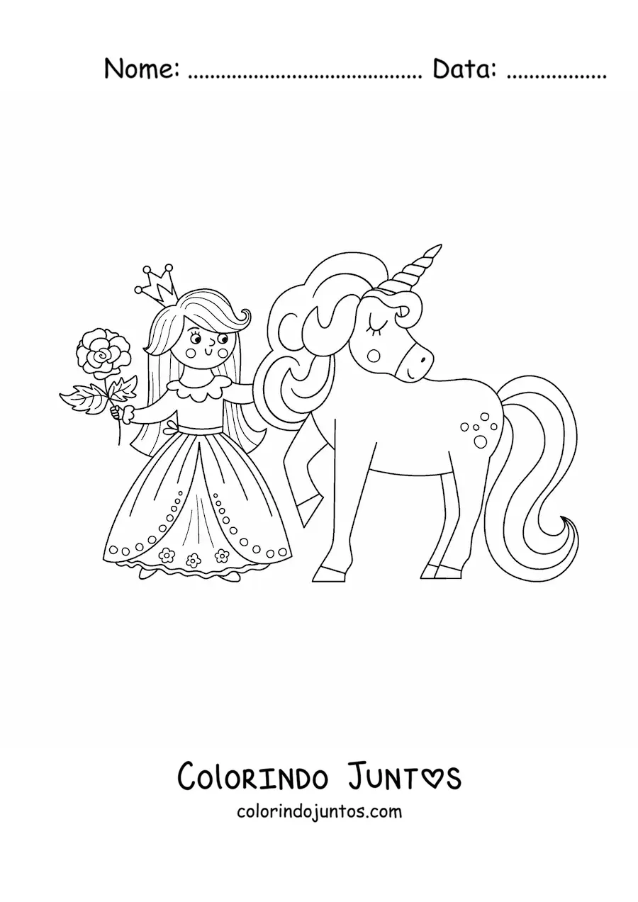 Desenho para colorir de princesa kawaii com unicornio