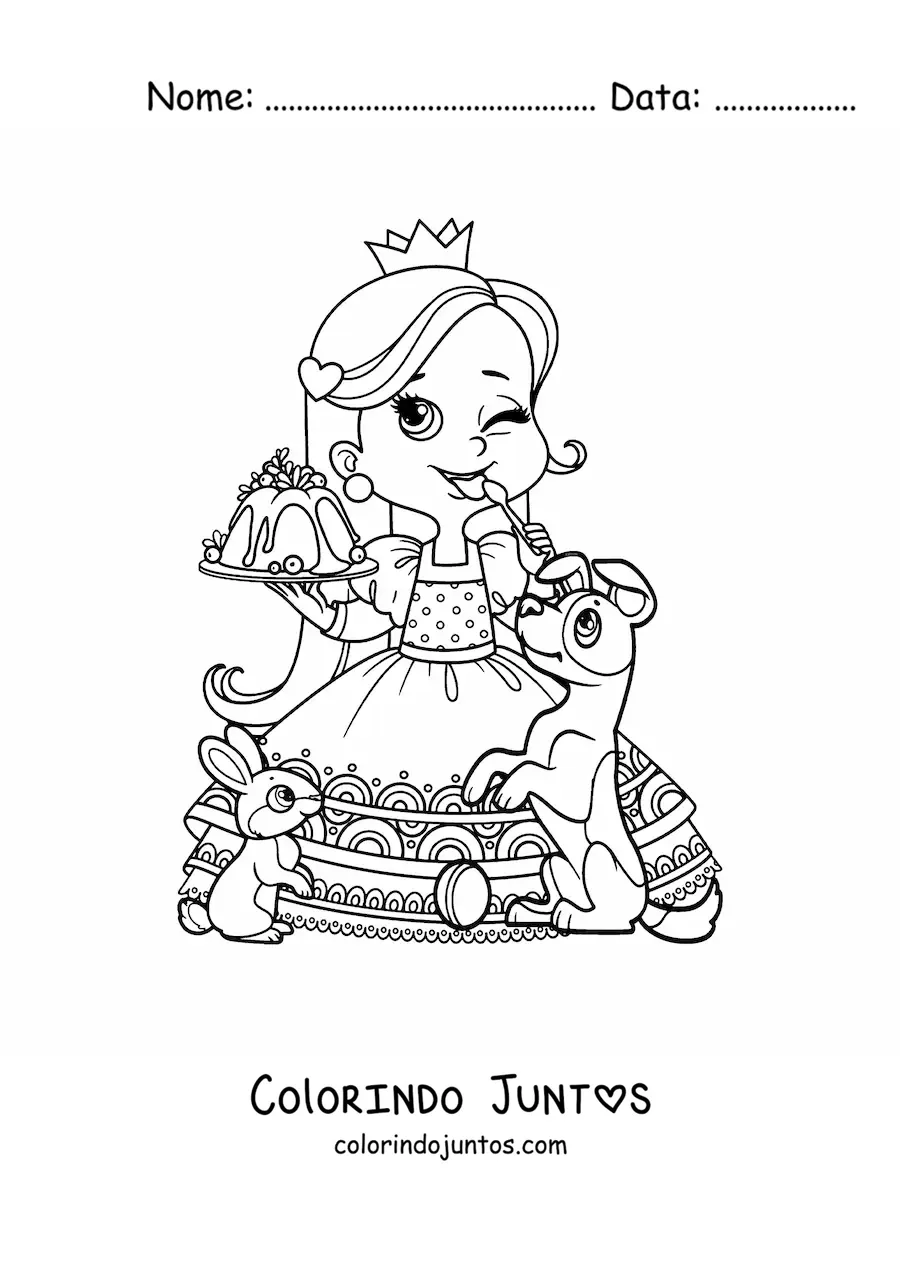 Desenho para colorir de princesa kawaii com sobremesa e bichinhos