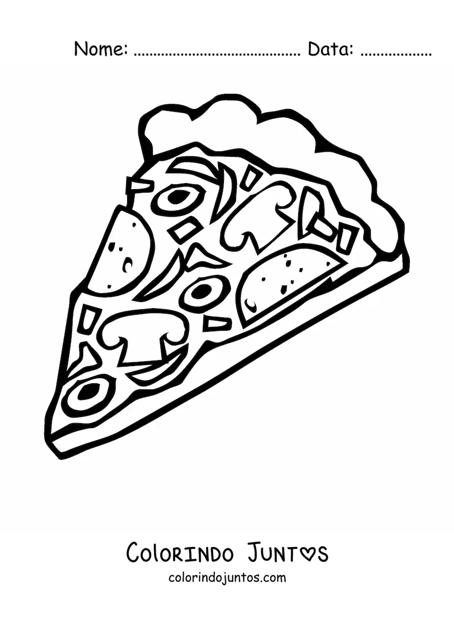 Desenho para colorir de uma fatia de pizza com cogumelos e azeitonas