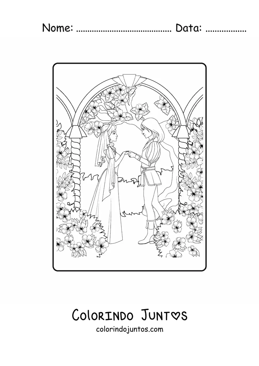 Desenho para colorir de casamento da princesa e do principe