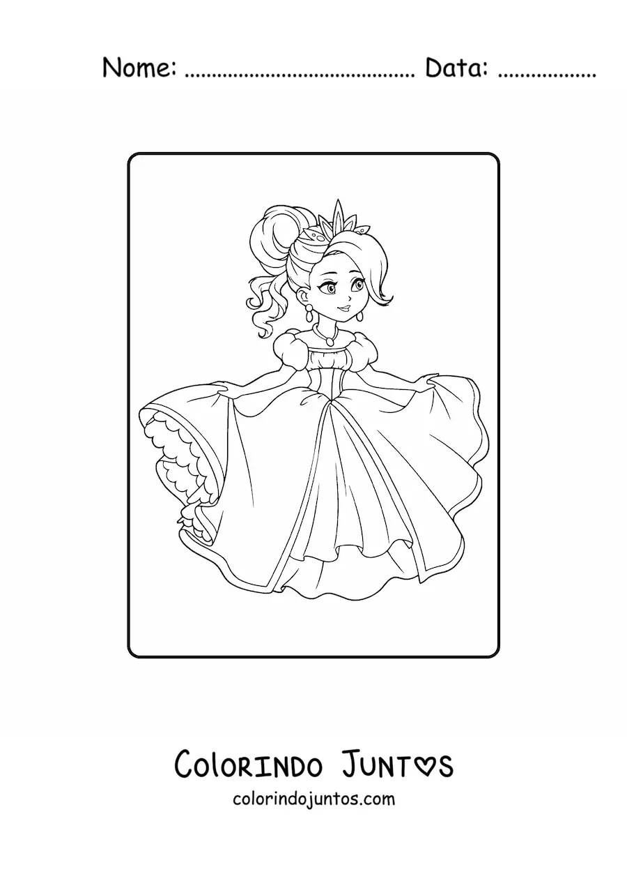 Desenho para colorir de menina princesa com lindo vestido