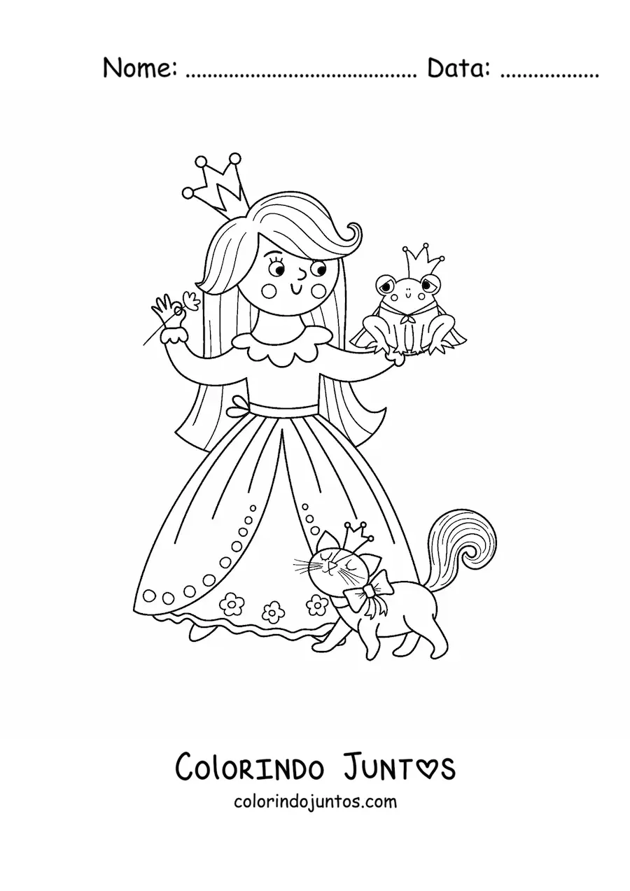 Desenho para colorir de princesa kawaii com mascote e principe transformado em sapo