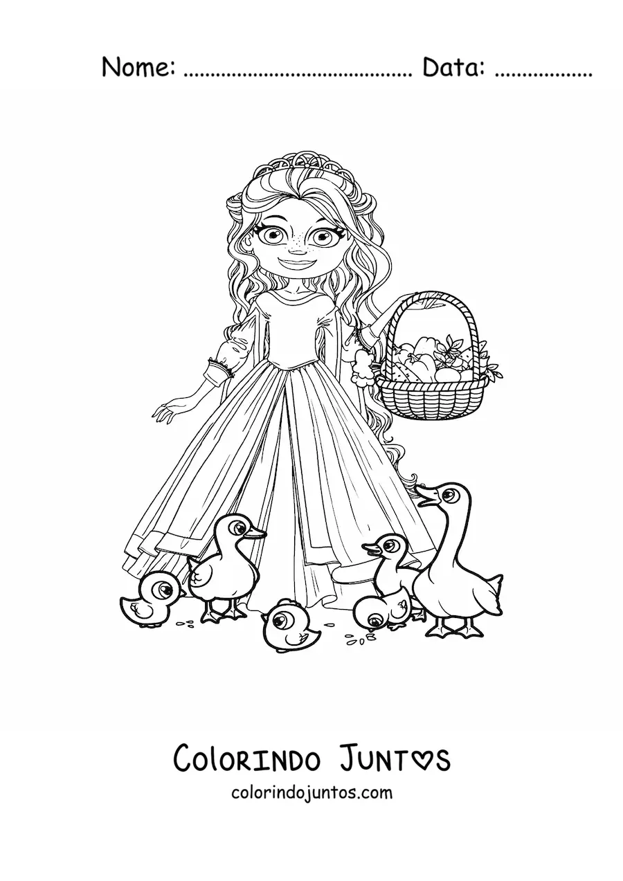 Desenho para colorir de princesa animada com cesta de frutas alimentando patos