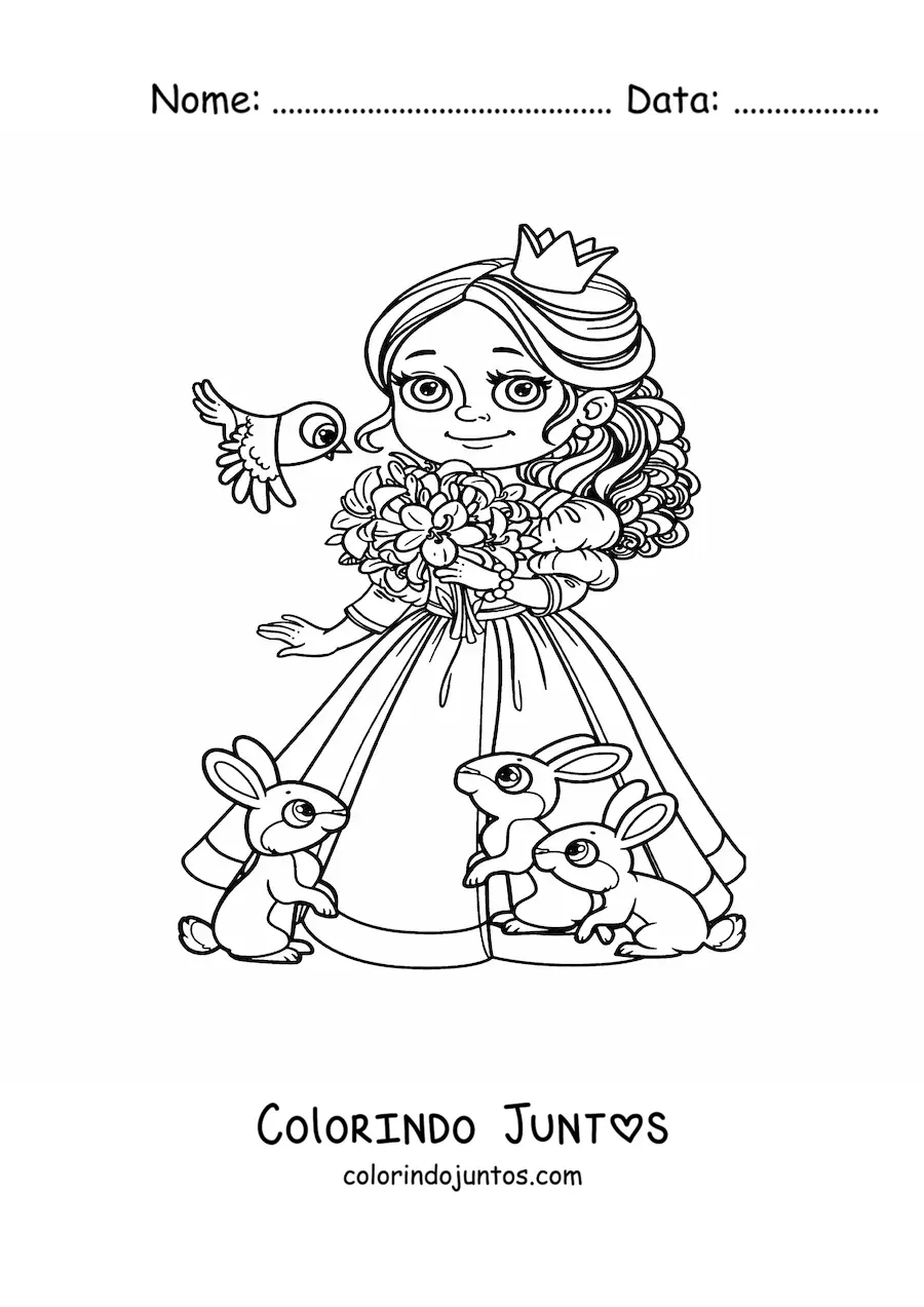 Desenho para colorir de princesa kawaii com mascotes e flores