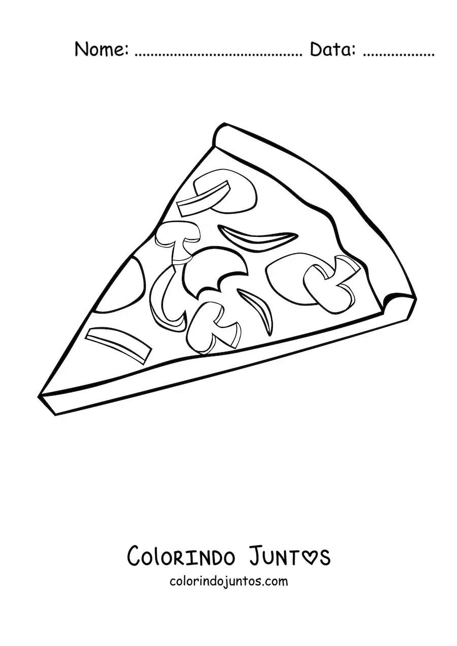 Desenho para colorir de uma fatia de pizza com varios ingredientes