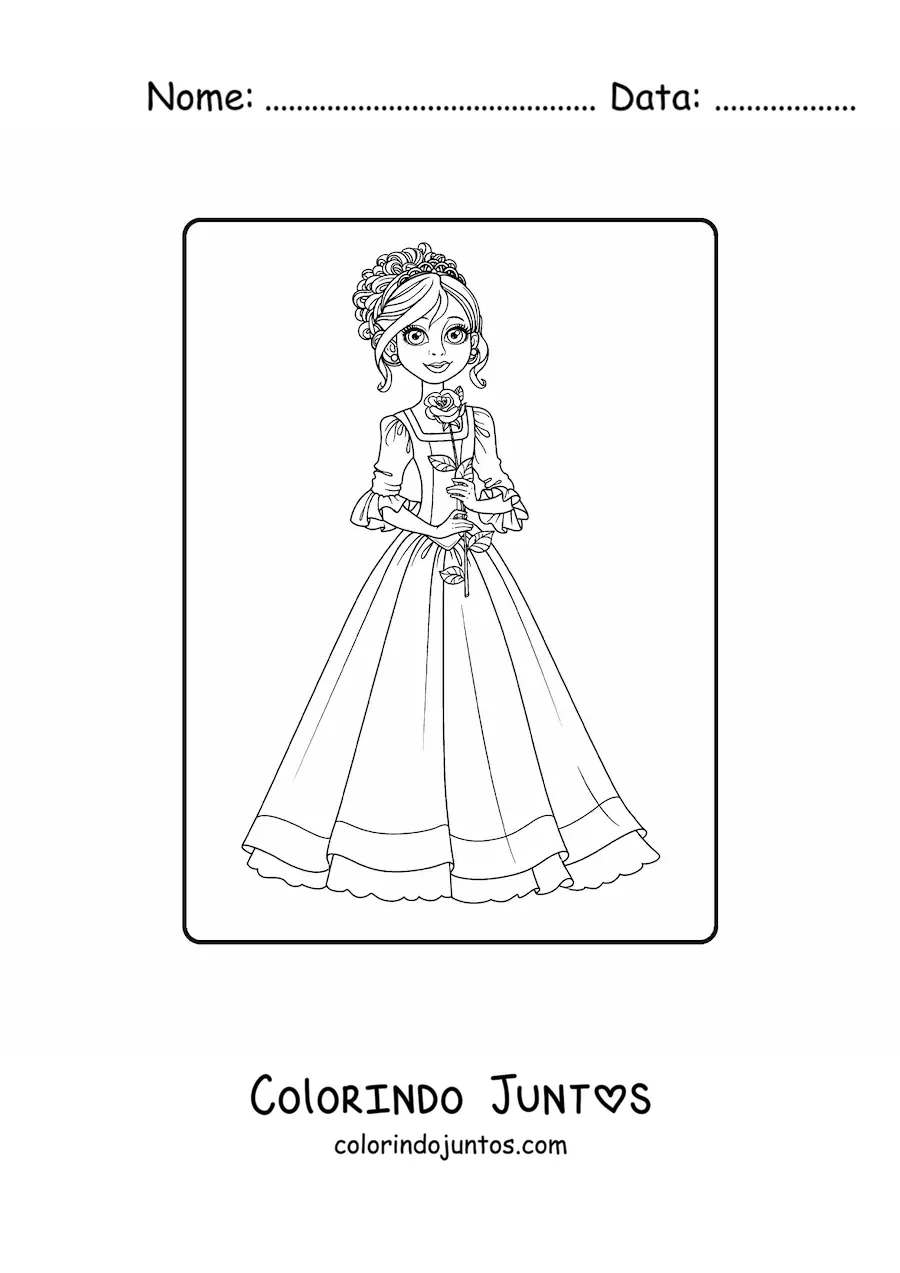 Desenho para colorir de princesa elegante com rosa