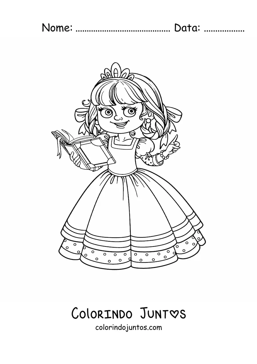 Desenho para colorir de princesa kawaii lendo um livro