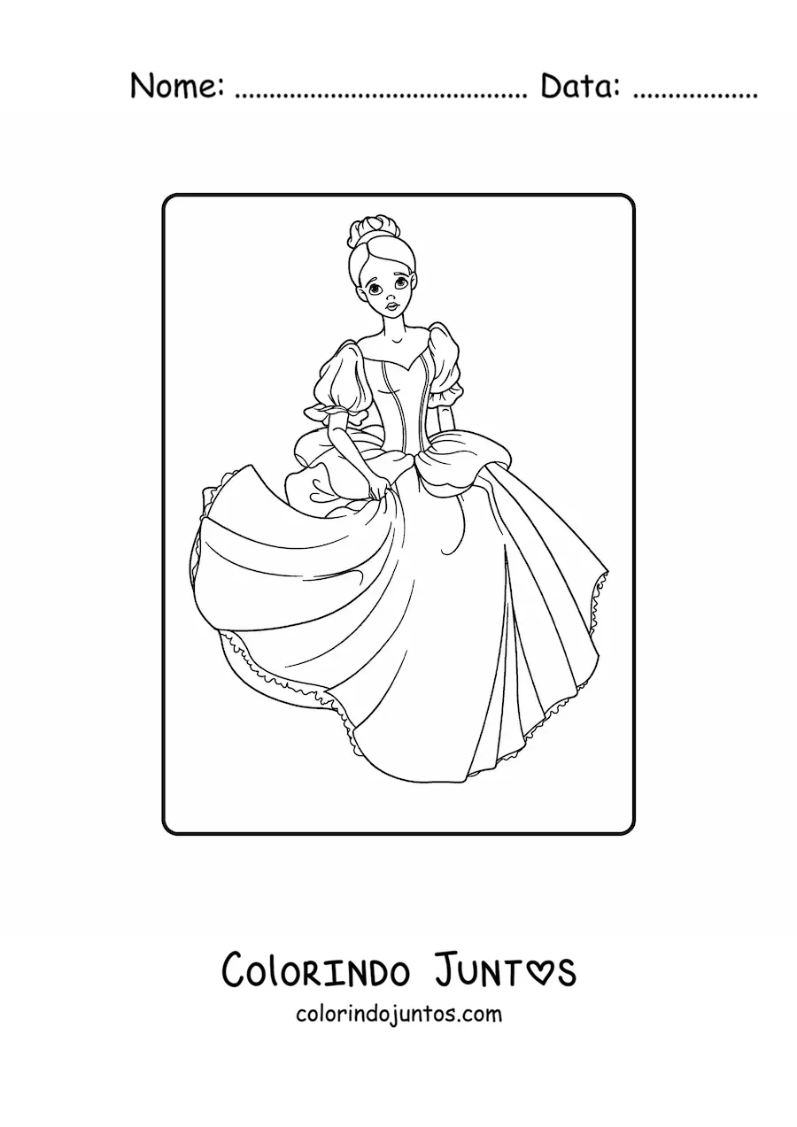 Desenho para colorir de princesa triste com lindo vestido