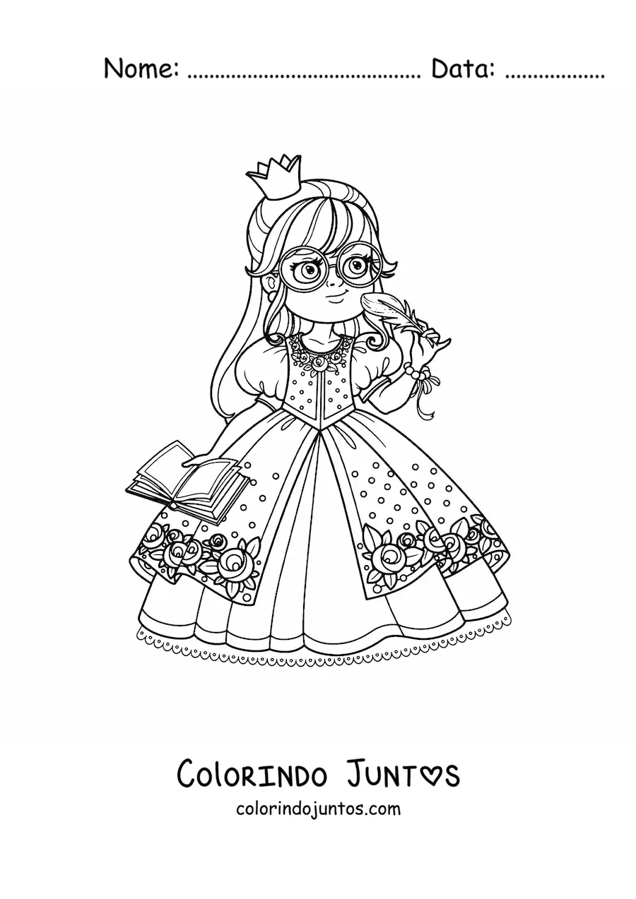 Desenho para colorir de princesa intelectual kawaii com oculos e livro