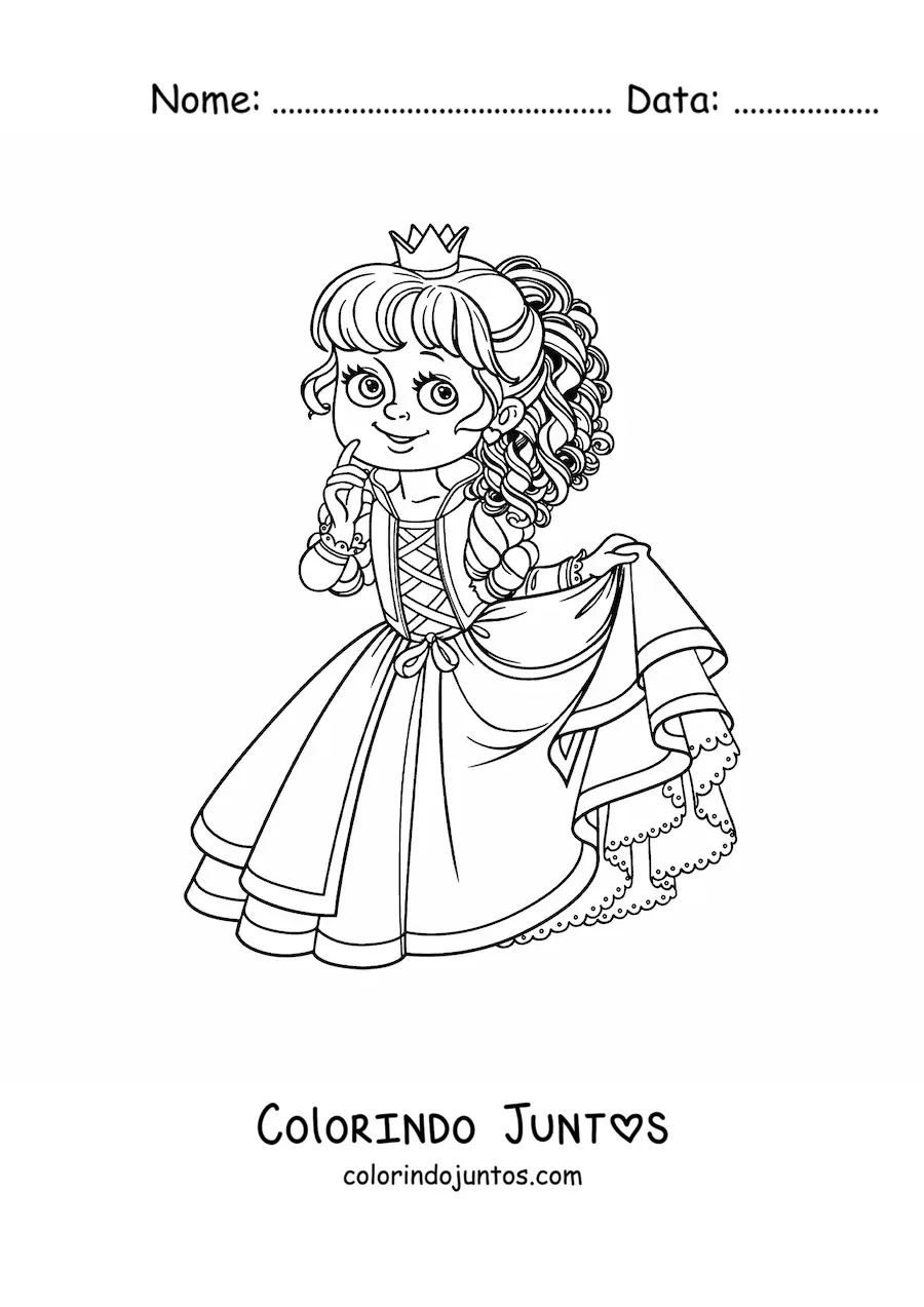 Desenho para colorir de princesa kawaii segurando seu vestido