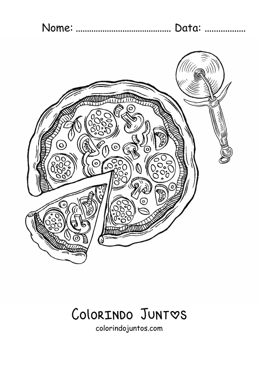 Desenho para colorir de uma pizza junto de um cortador de fatias