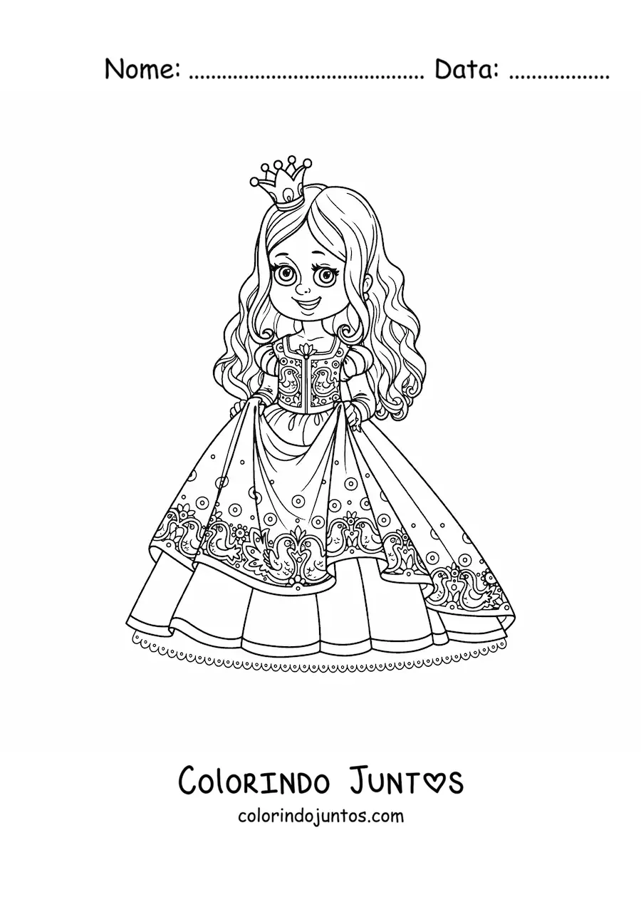Desenho para colorir de princesa kawaii segurando seu lindo vestido