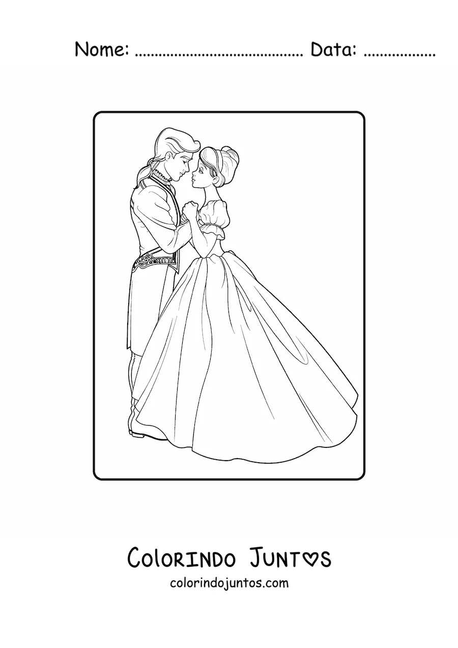Desenho para colorir de princesa dancando com o principe