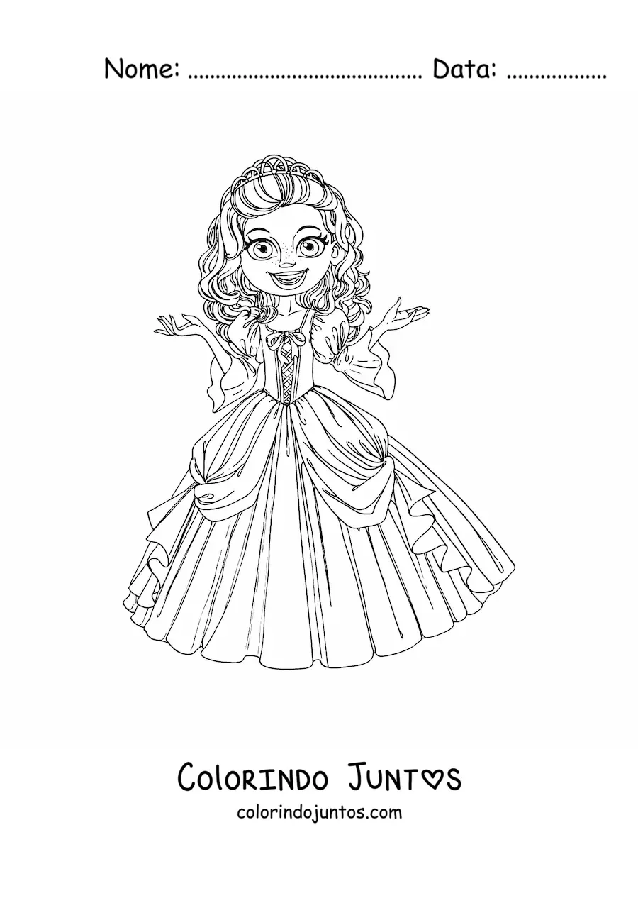 Desenho para colorir de princesa animada com vestido bonito