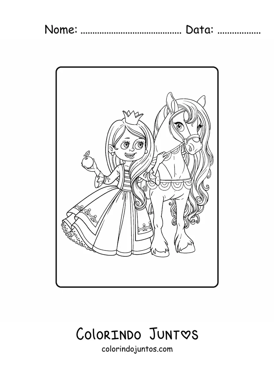 Desenho para colorir de princesa kawaii com maca e ponei