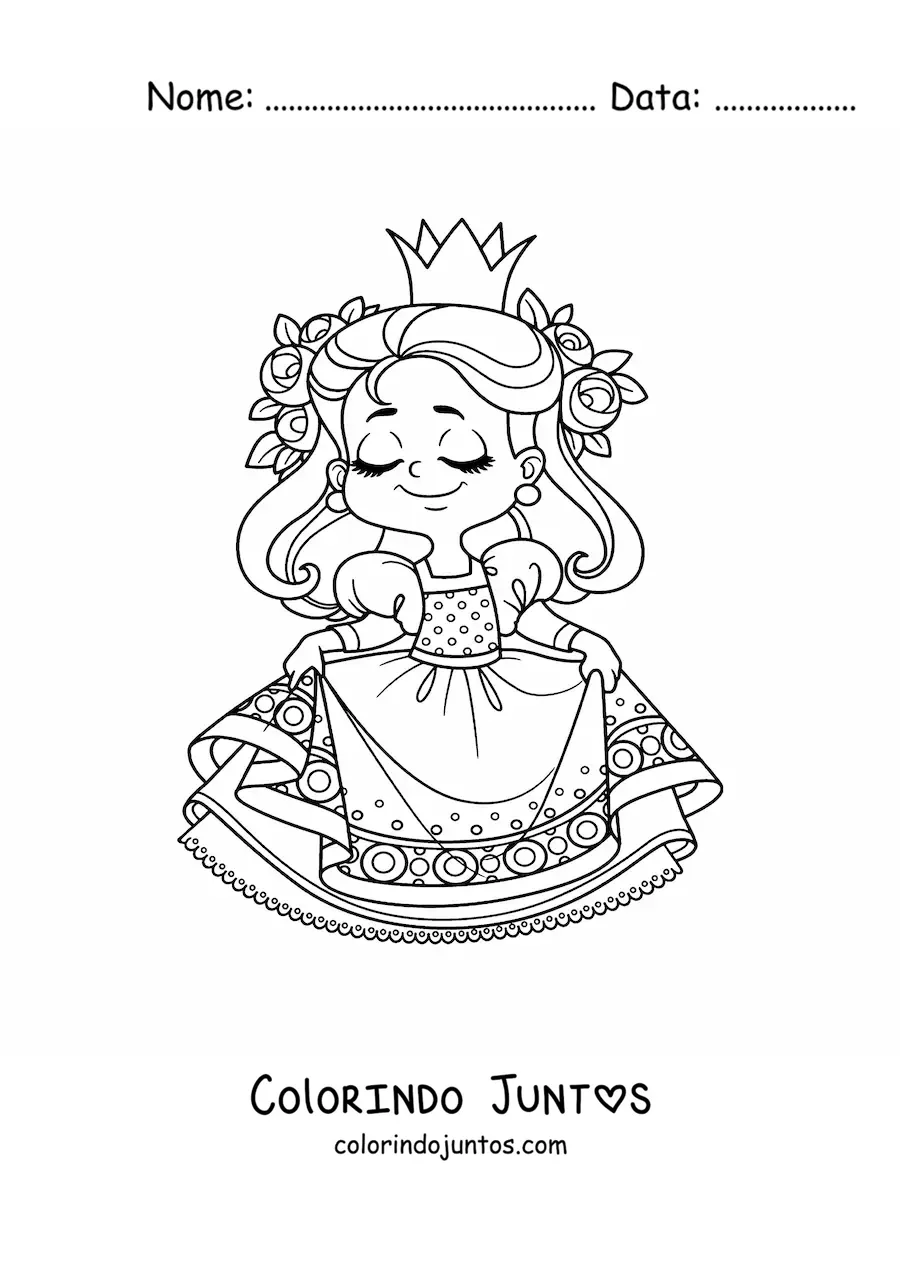 Desenho para colorir de princesa kawaii com flores segurando seu vestido