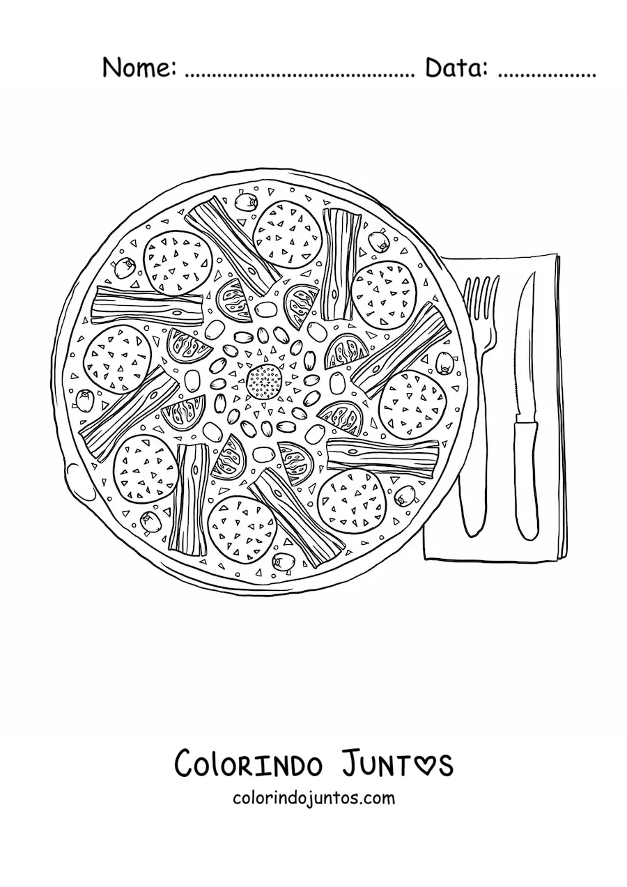 Desenho para colorir de uma pizza servida junto de um par de talheres