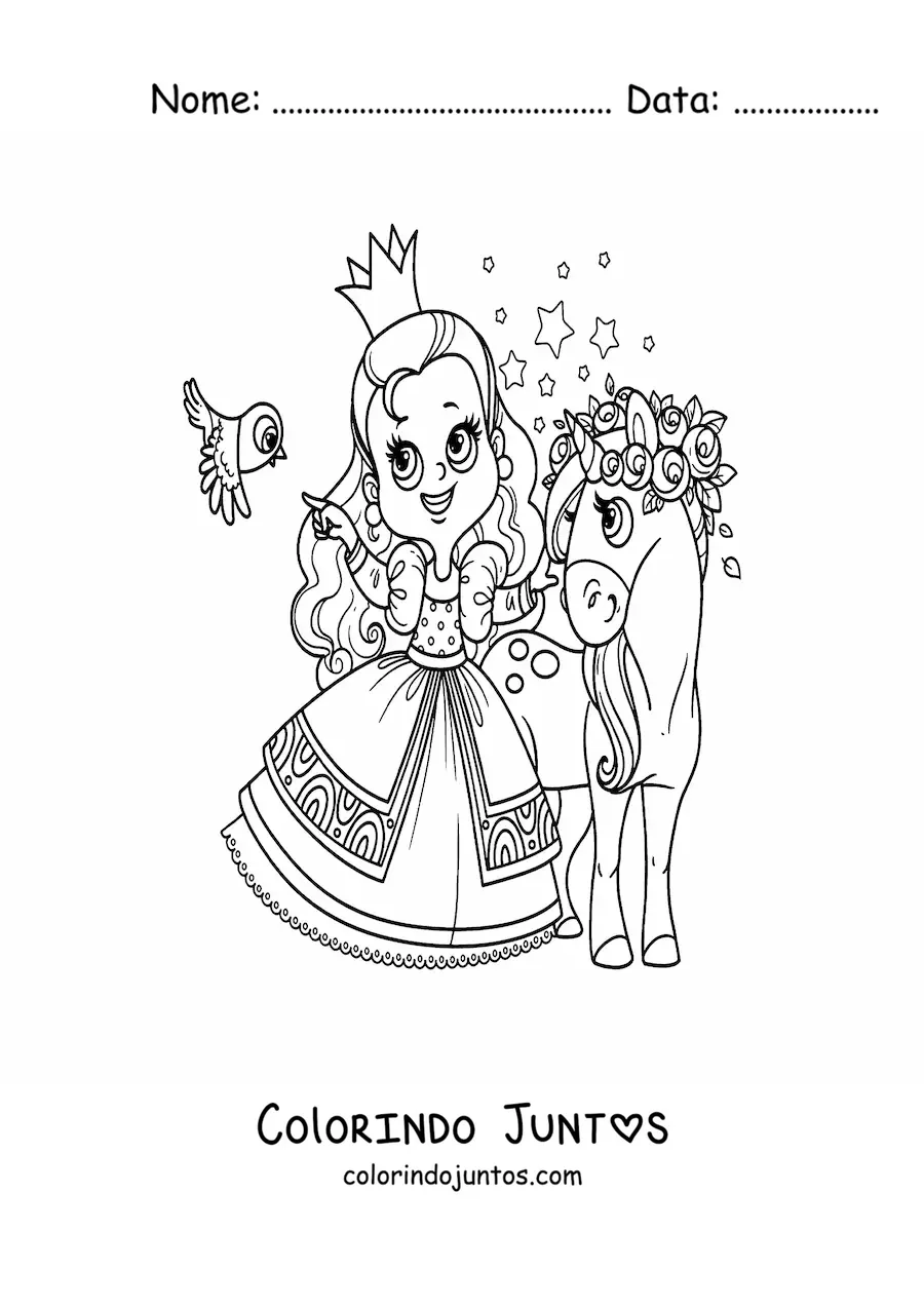 Desenho para colorir de princesa kawaii com unicornio e passaro