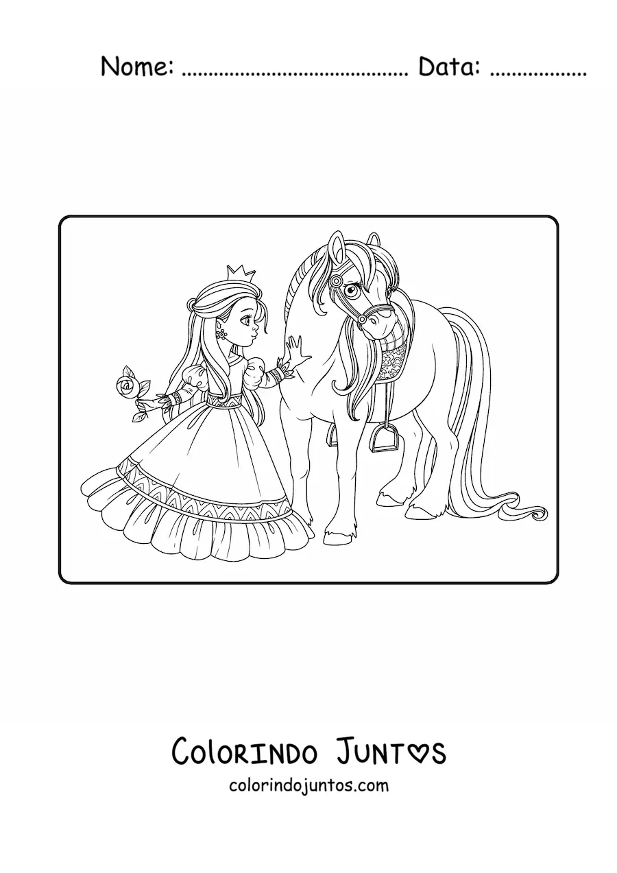 Desenho para colorir de princesa com rosa e corcel
