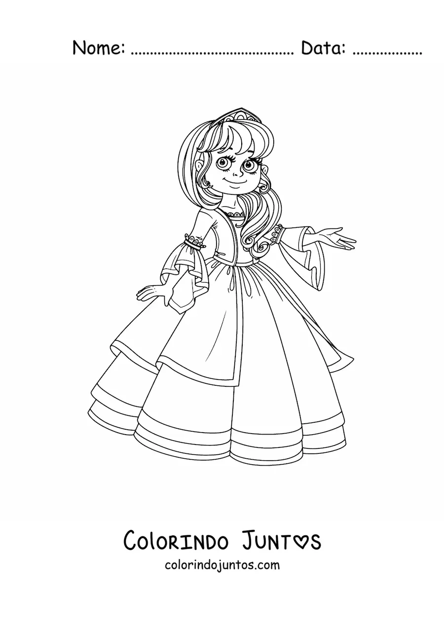 Desenho para colorir de princesa com vestido antigo