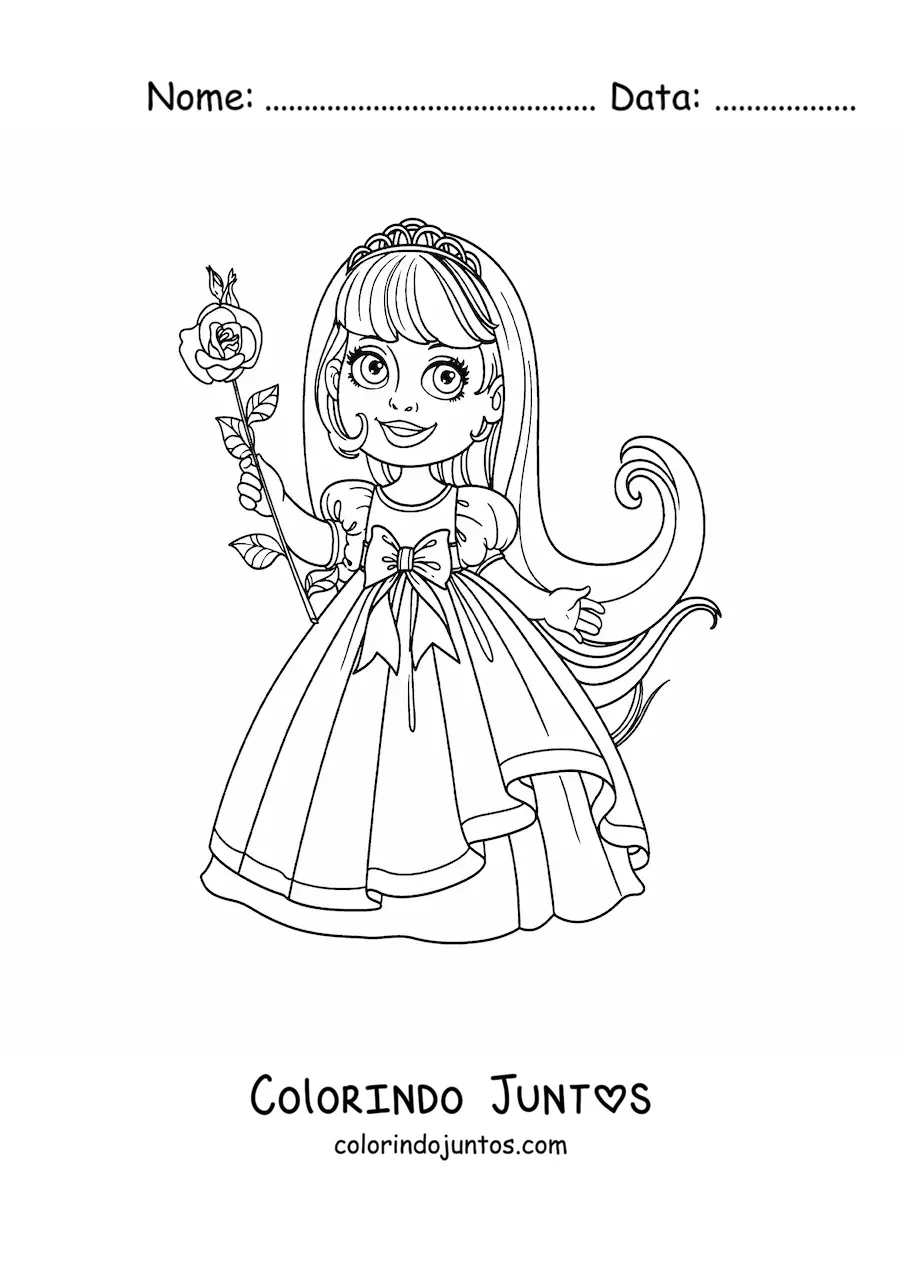 Desenho para colorir de menina princesa com uma rosa