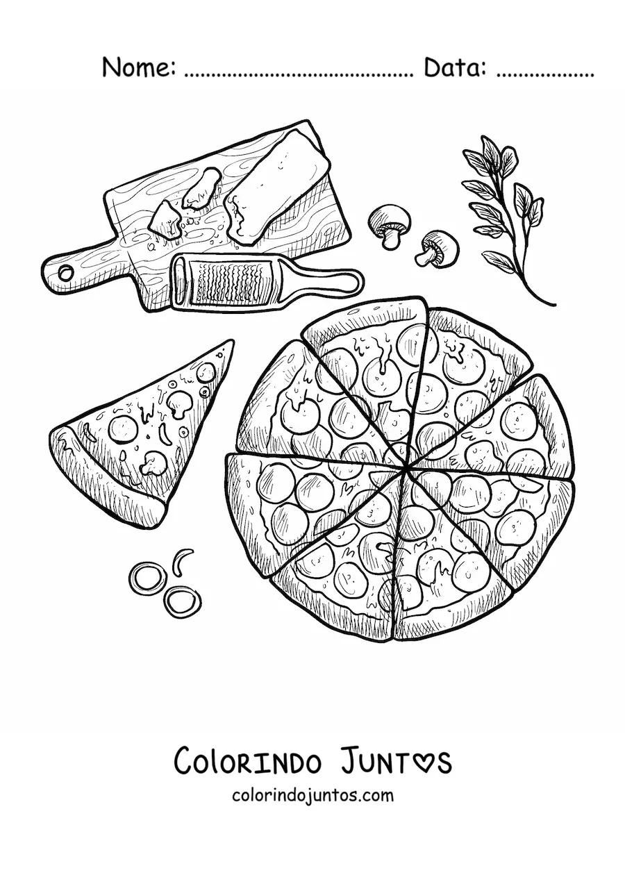 Desenho para colorir de uma pizza junto de seus ingredientes