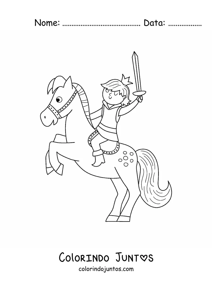 Desenho para colorir de principe kawaii a cavalo com espada