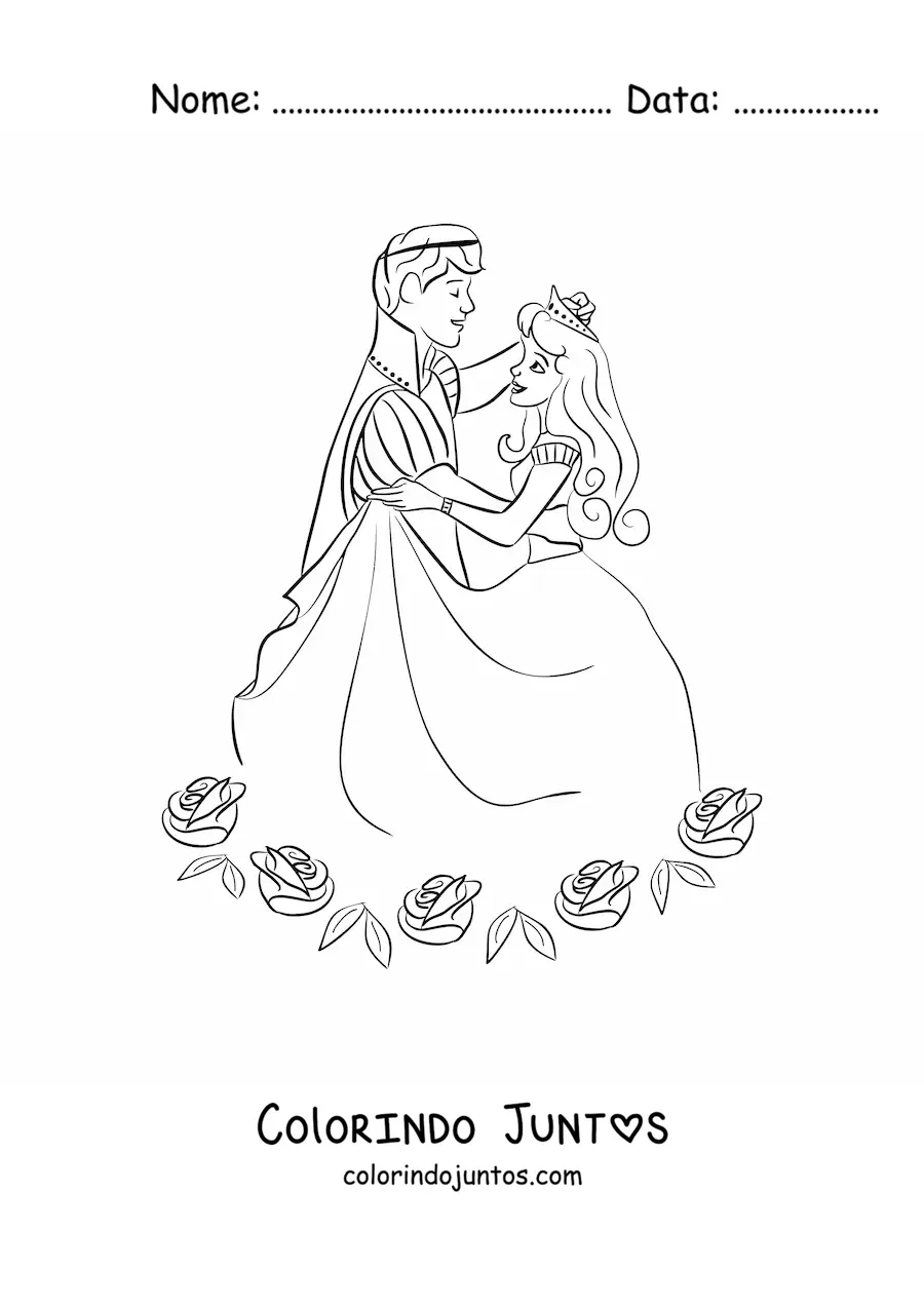 Desenho para colorir de principe jovem dancando com princesa