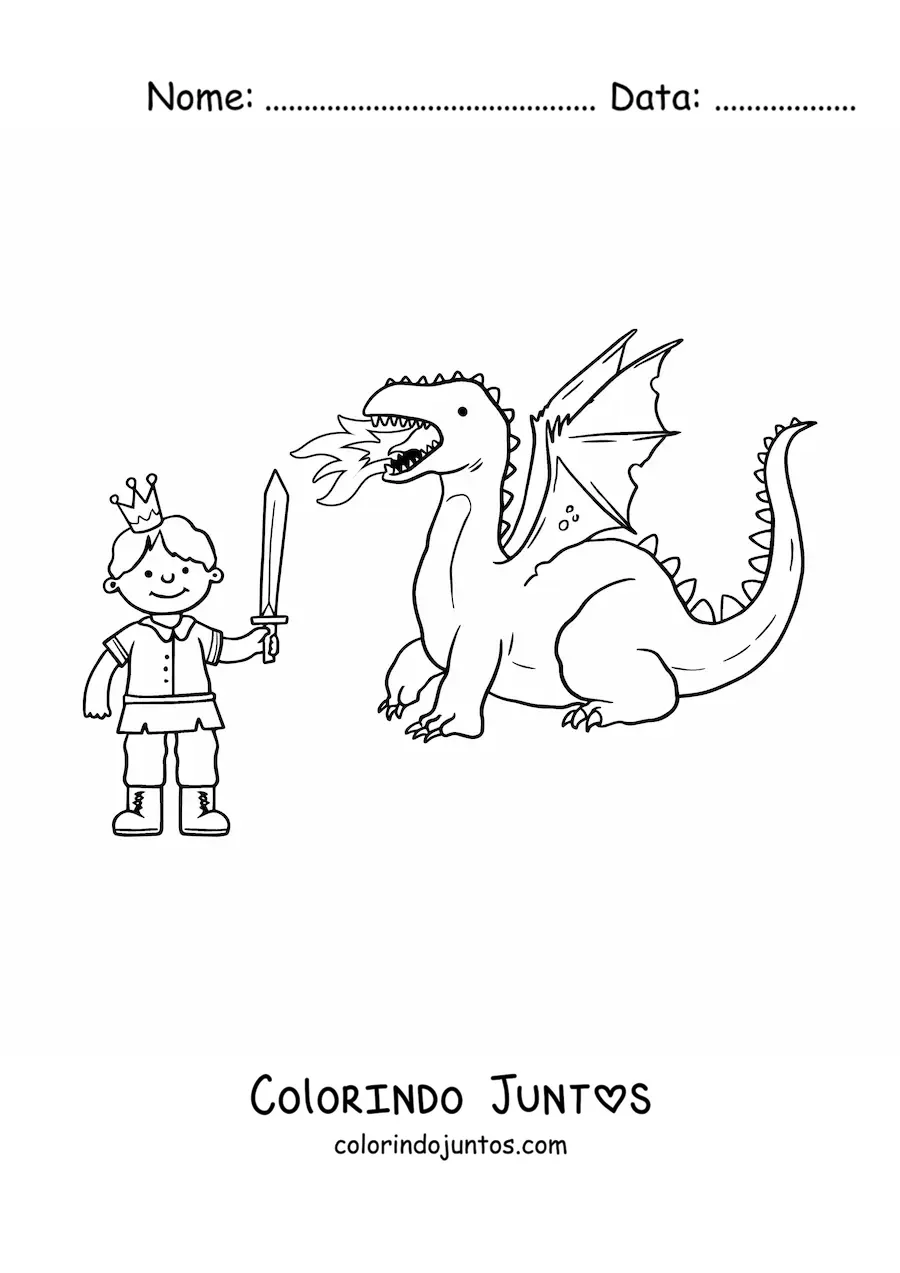 Desenho para colorir de principe com espada derrotando um dragao