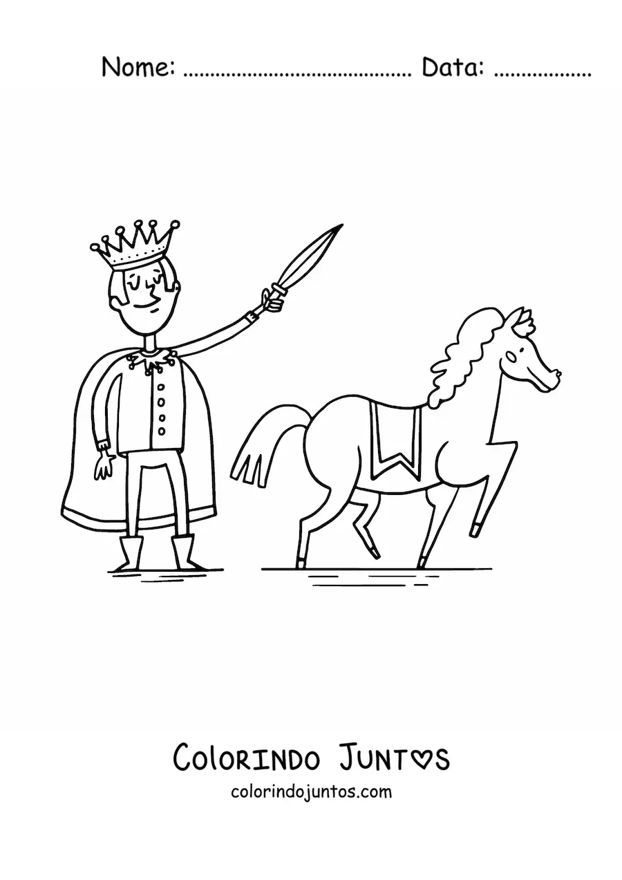 Desenho para colorir de engraçado príncipe medieval animado e seu corcel