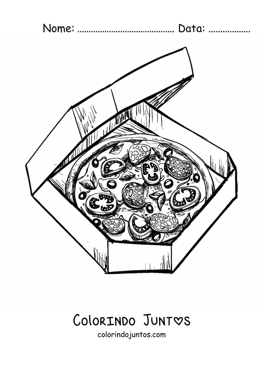 Desenho para colorir de uma pizza em uma caixa de pizzas