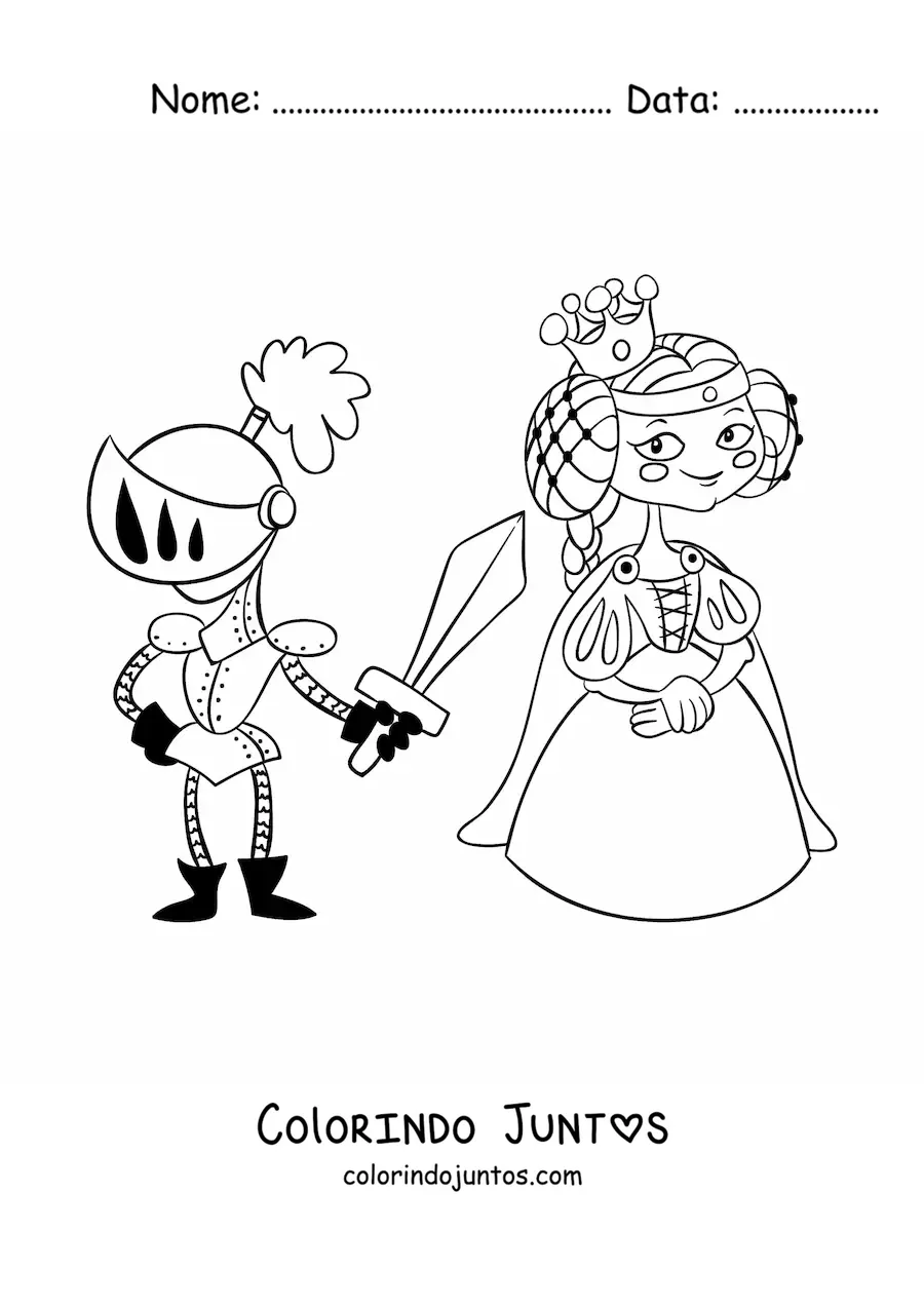 Desenho para colorir de principe com armadura resgatando uma princesa