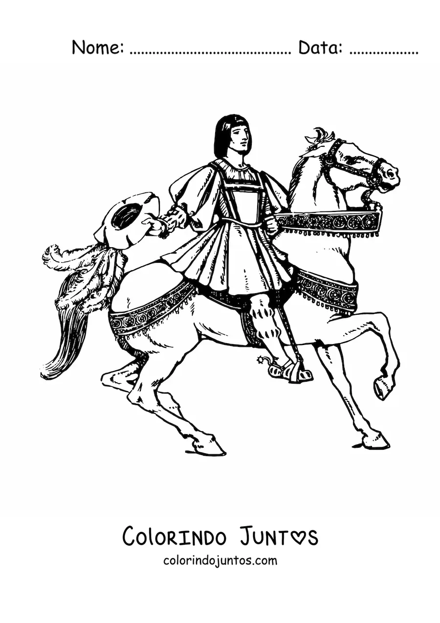 Desenho para colorir de principe medieval montando um cavalo