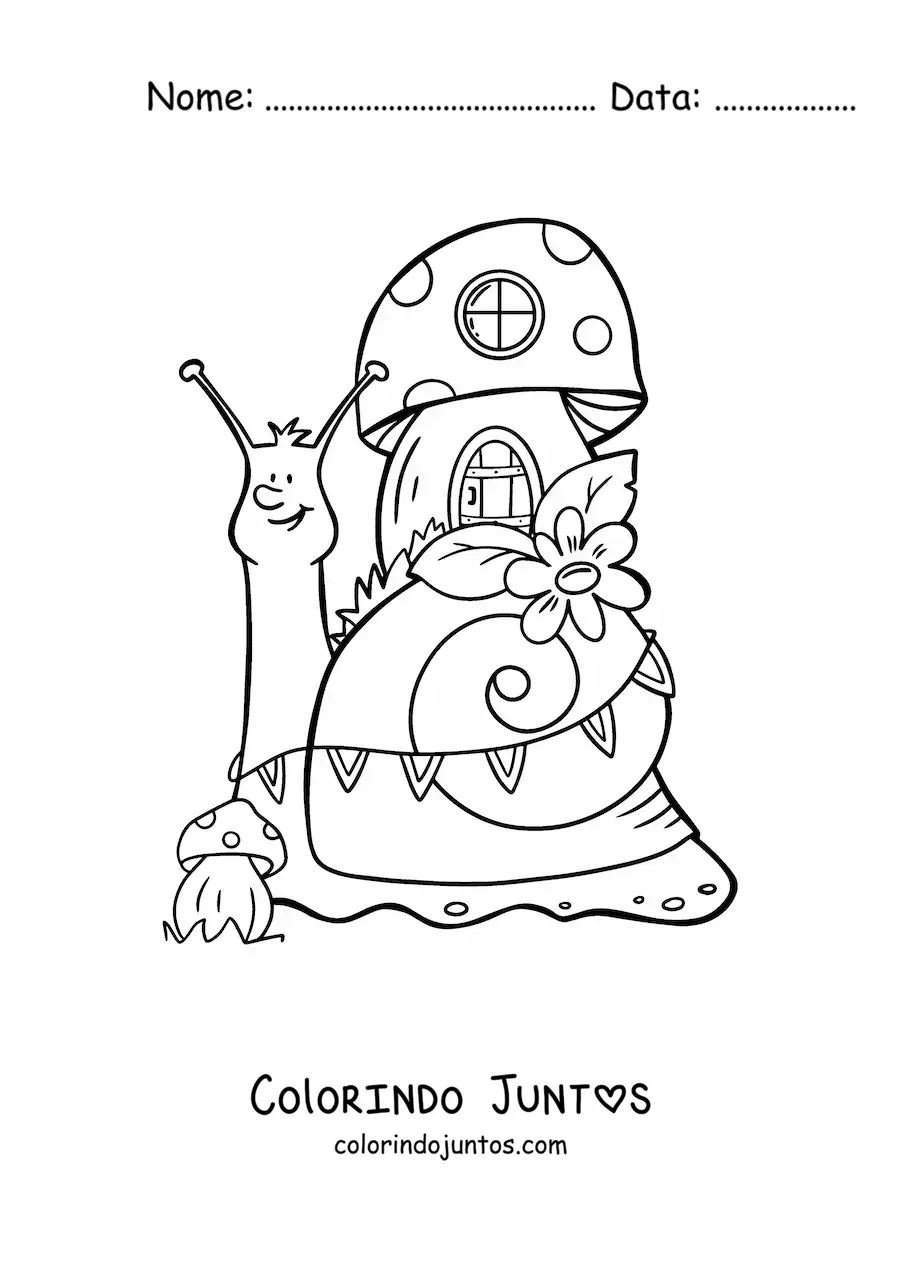 Desenho para colorir de caracol animado e casa do bosque encantado