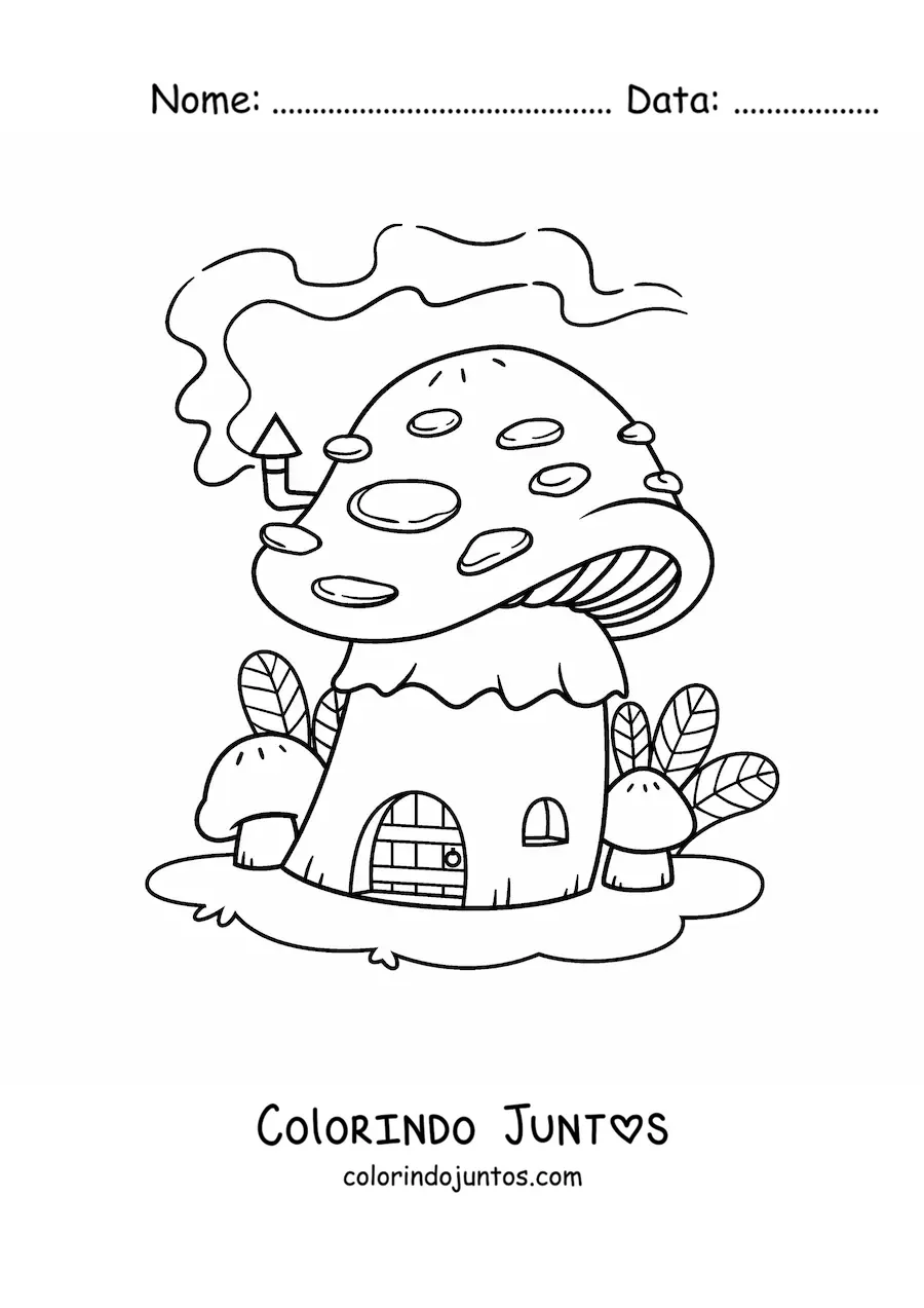 Desenho para colorir de casa em forma de cogumelo no bosque encantado