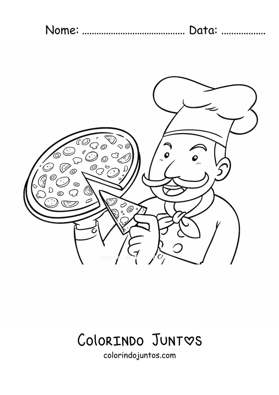 Desenho para colorir de um chef com uma pizza tirando uma fatia