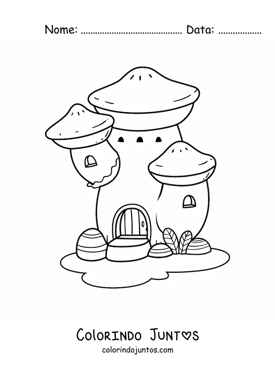 Desenho para colorir de casa em forma de cogumelo no bosque encantado
